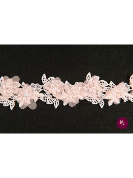 Banda dantelă roz piersică cu flori 3D și strasuri