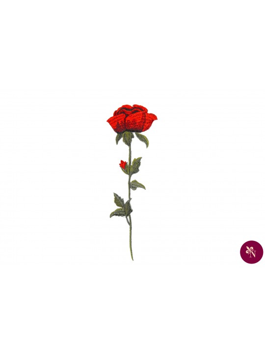 Aplicație brodată cu floare roșie și frunze verzi