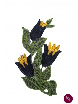 Aplicație florală termoadezivă cu flori negre și frunze verde olive