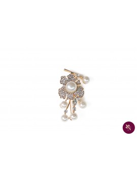 Broșă metal aurie floare cu perle și strasuri