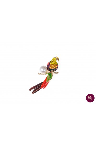 Broșă metal papagal colorat cu perlă și coadă mobilă